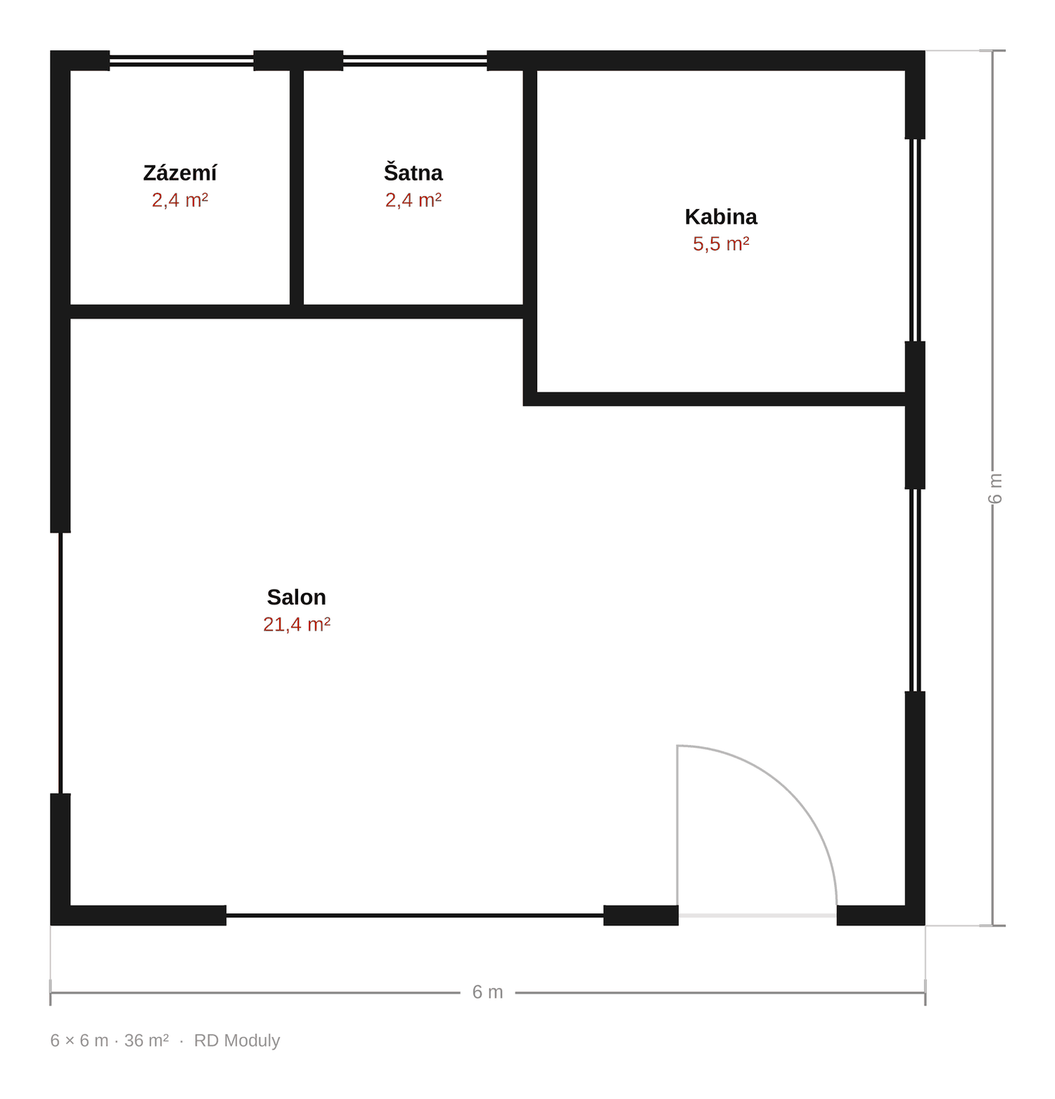 Vzorová dispozice modulu 6 × 6 m — kadeřnictví nebo kosmetický salon