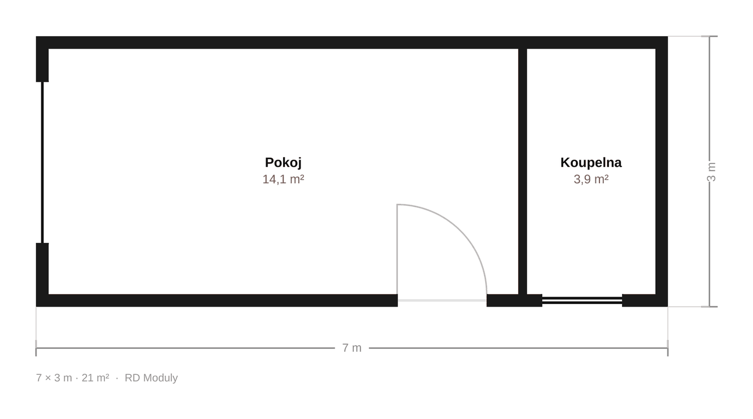 Vzorová dispozice modulu 7 × 3 m — jeden pokoj a koupelna se sprchou
