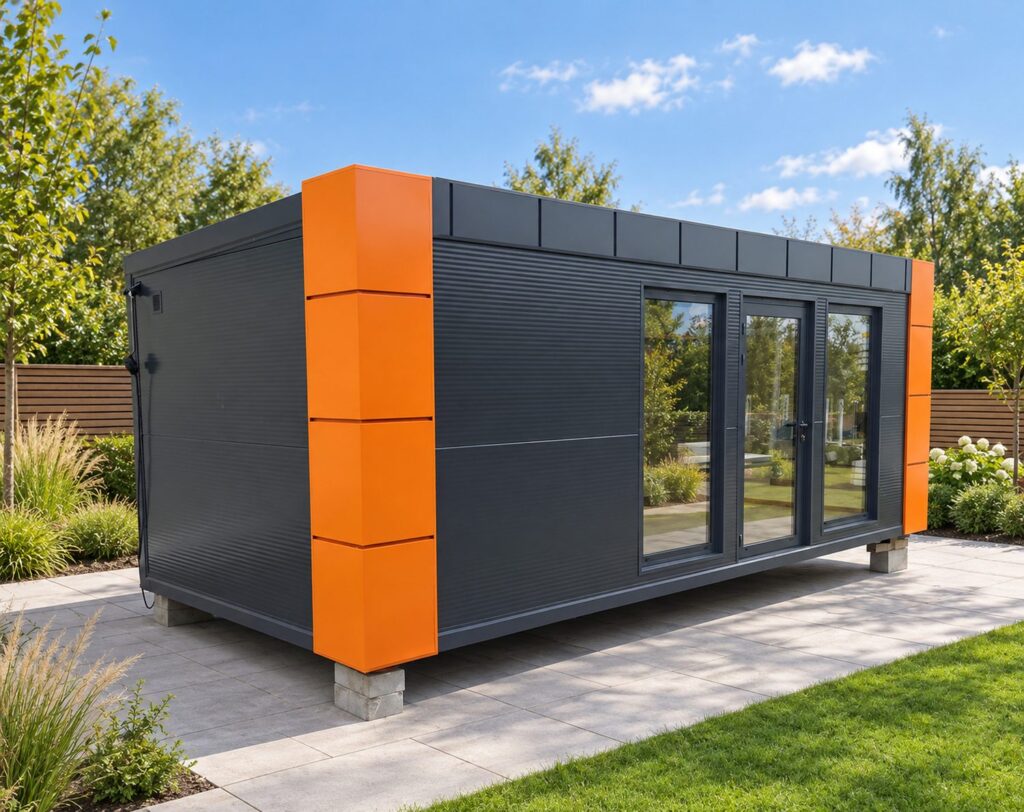 Modul 7 × 3 m v barevné variantě s oranžovými rohovými pilíři