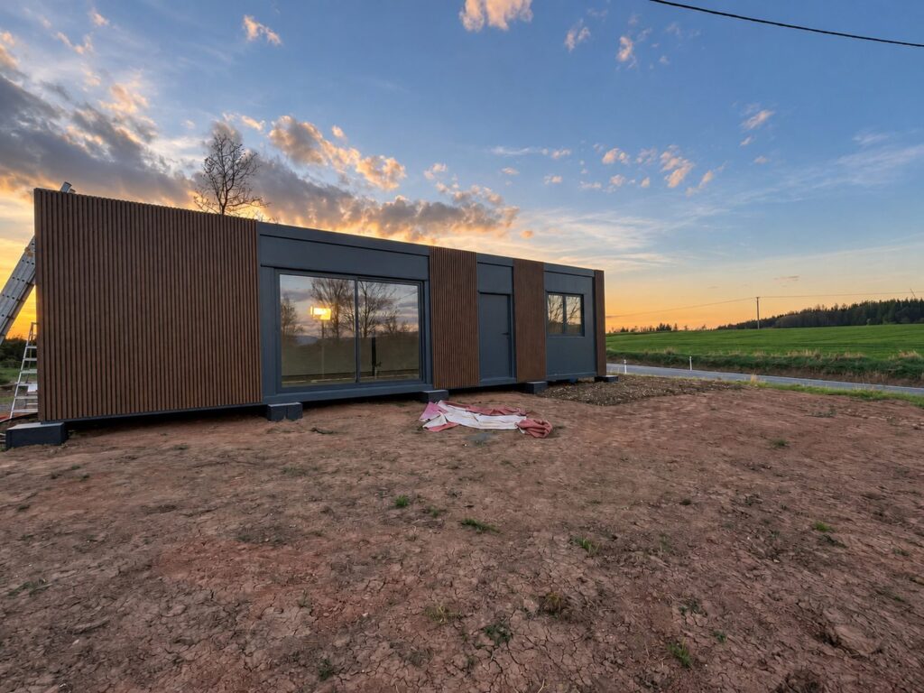 Modul Marie 72 m² — podélná strana s velkými okny