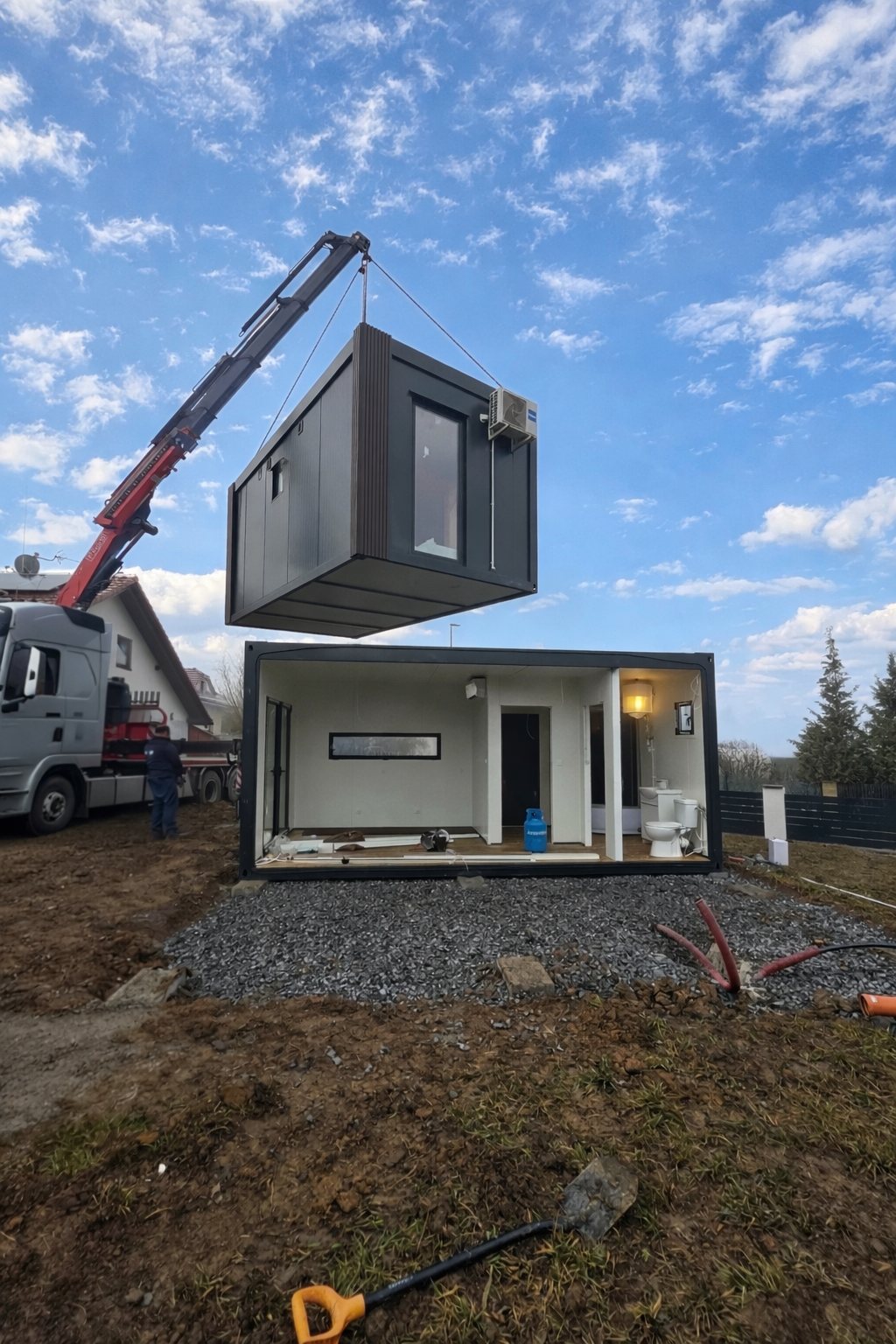 Jeřáb usazuje druhý modul vedle prvního u realizace modulového domu Lucy 6×6